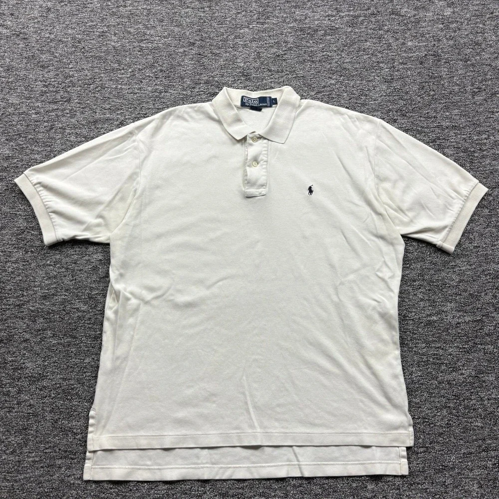 Vintage 90s Polo Ralph Lauren Short Sleeve Cream Polo Shirt Size Large
